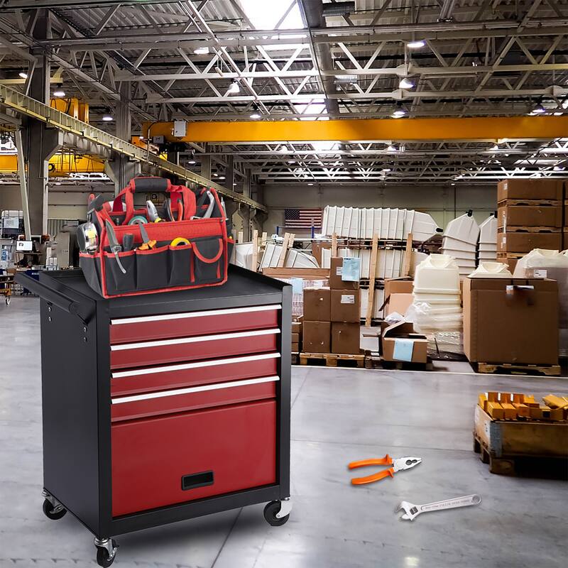 Four drawer rolling toolbox, tool cart with 4 wheels and drawers, large capacity detachable mobile tool storage cabinet - Black+Red