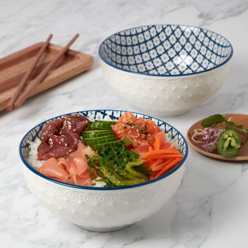 Tabletops Gallery 6.5" White Embossed Diamond & Blue Pattern Stoneware Ramen Noodle Bowls, Set of 2