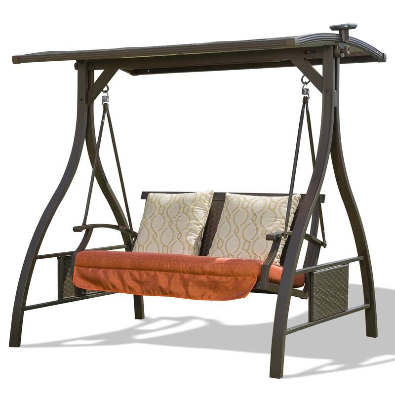 Steel Frame 2-Person Porch Swing with Adjustable Canopy, Solar LED Lights and Sunbrella Cushions
