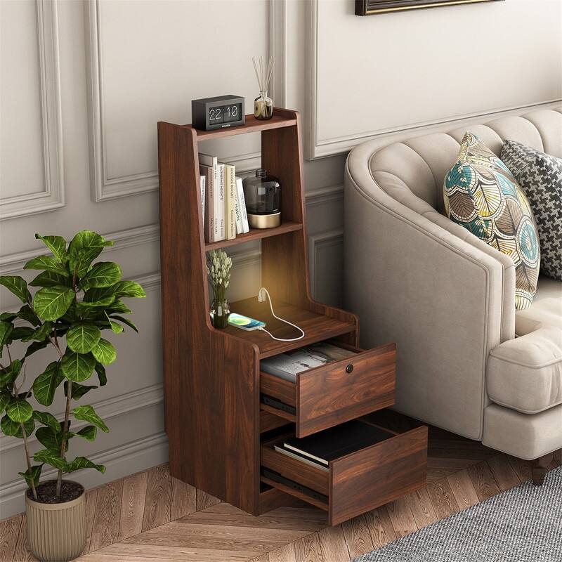 Smart Nightstand with 2 Drawers, Night Light and Charging Station, Modern Bedside Table Side Table with Bookshelf for Bedroom