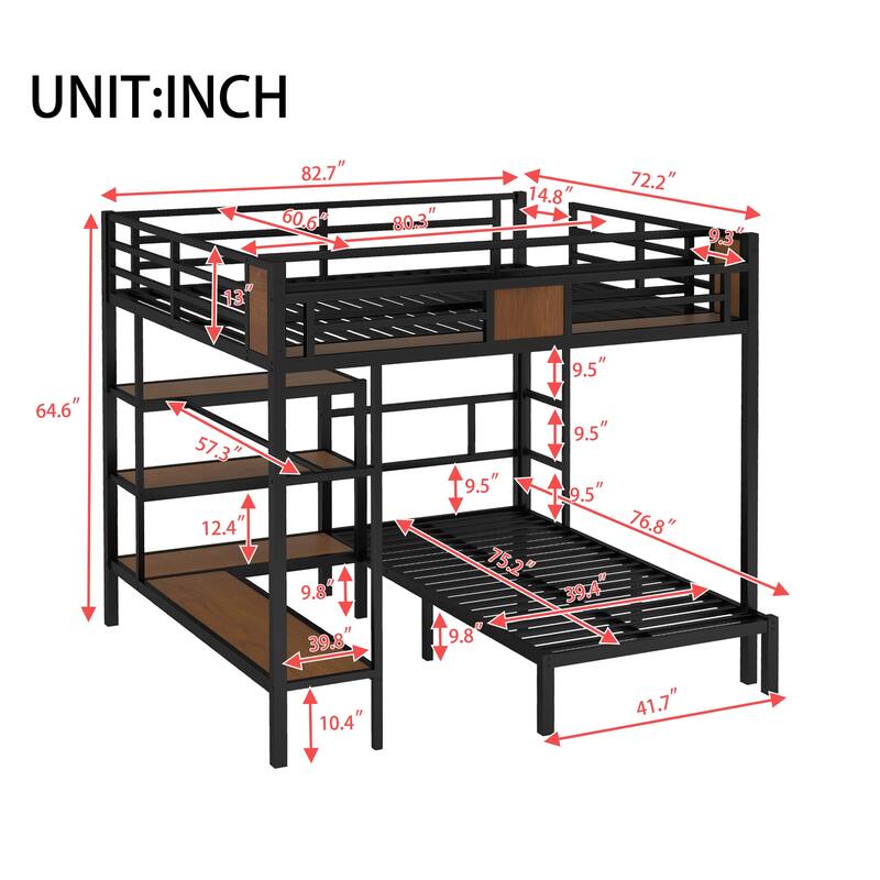 Queen Over Twin Bunk Bed with storage area on upper bed, lower bed with hangers and shelves, Space-Saving/Noise Reduced,black