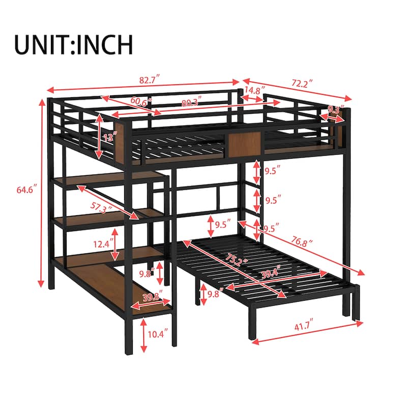 Queen over Twin Metal Bunk Bed with Hangers and Shelves, Heavy Duty Metal Bunk Bed Frame with Storage Area on Upper Bed