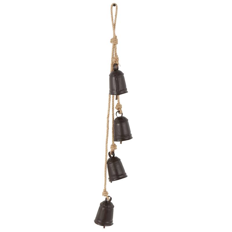 Metal Handmade Cluster Decorative Bells with 4 Bells on Jute Hanging Rope - Gold, Red, White, Black - Roche River Decor - Black