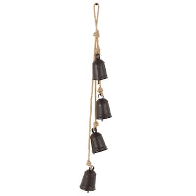 Metal Handmade Cluster Decorative Bells with 4 Bells on Jute Hanging Rope - Gold, Red, White, Black - Roche River Decor