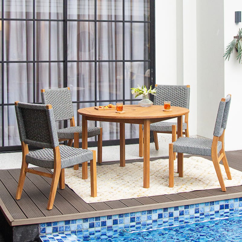 Cambridge Casual Zephyr 5-piece Teak Patio Dining Set with Round Dining Table - Natural Teak/Gray Woven Polyrope