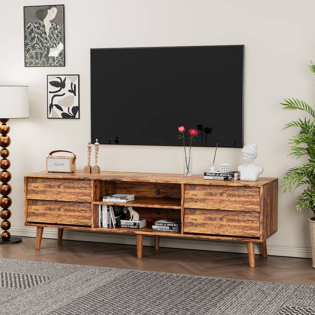 TV Stand with Storage Shelves & 4 Drawers, Multi-functiona Entertainment Center, Media Console Table with Wooden Legs