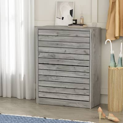 Timechee 8 Pair Shoe Storage Cabinet with 2 Drawers, Grey Louver Door
