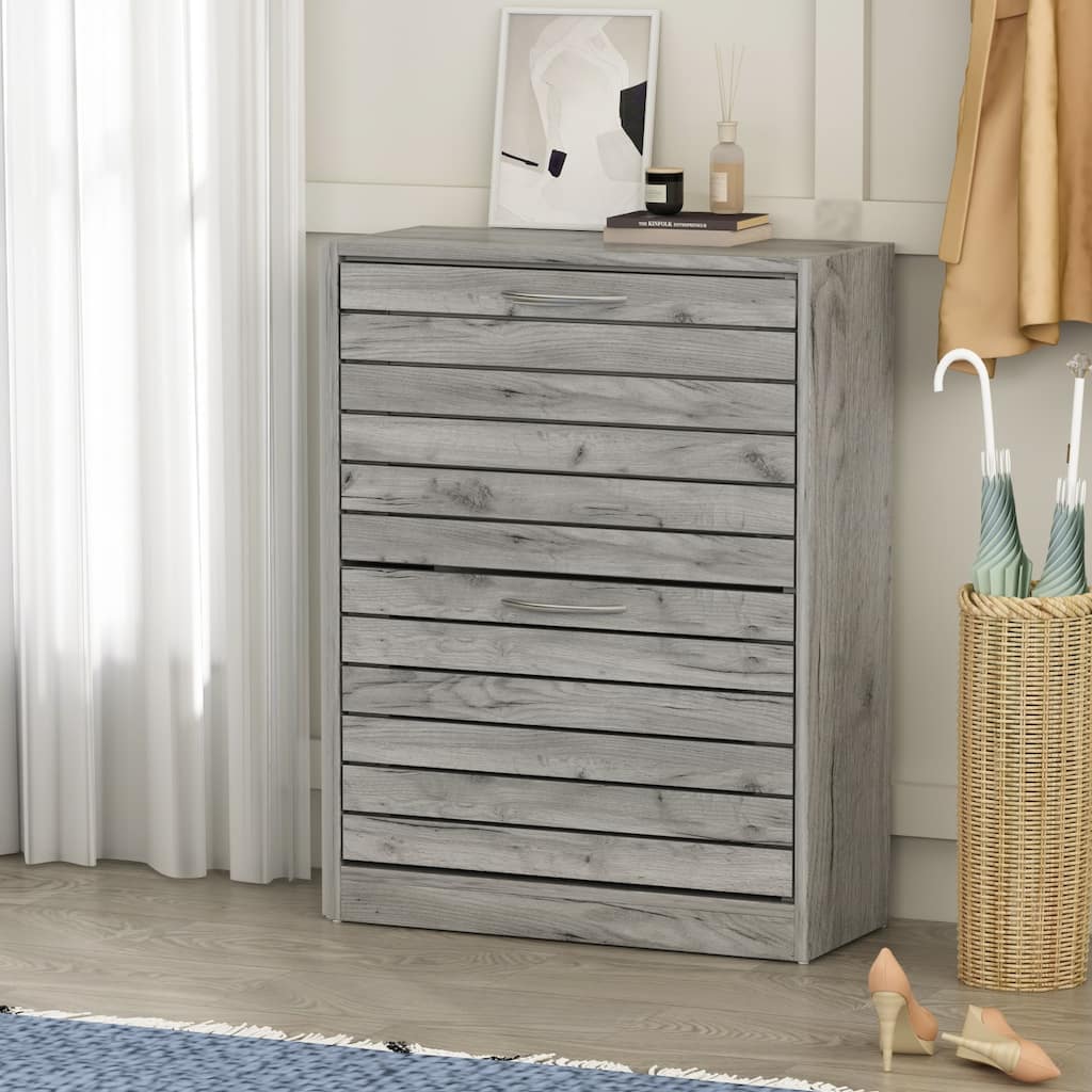 Timechee 8 Pair Shoe Storage Cabinet with 2 Drawers, Grey Louver Door