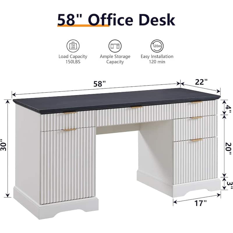 58" Modern Executive Desk with Storage, Wood Home Office Desk