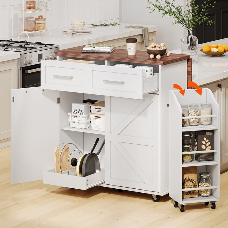 Kitchen Island with Drop Leaf, Removable Side Racks, Rolling Kitchen Cart with Towel Rack