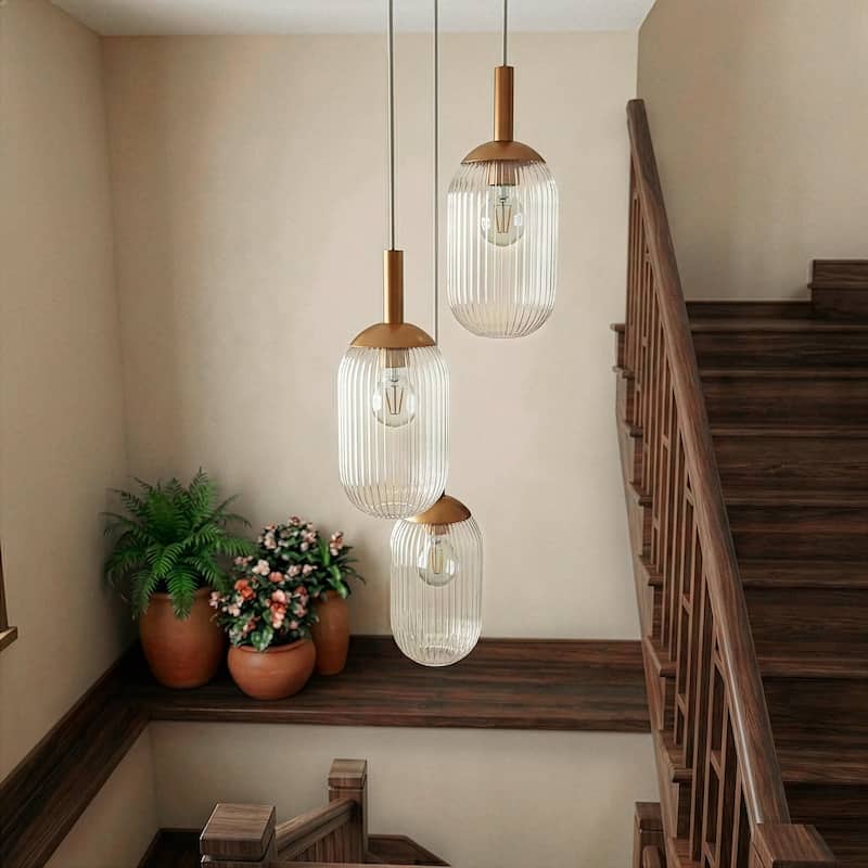Flora Gold Triple Pendant Light with Ribbed Glass