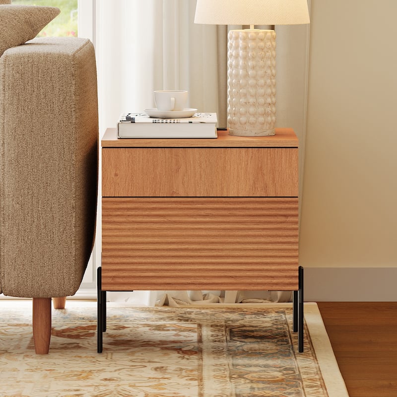 WAMPAT Fluted Nightstand with Charging Station,Modern Side Table with 2 Drawers - 1 Pic - Mocha