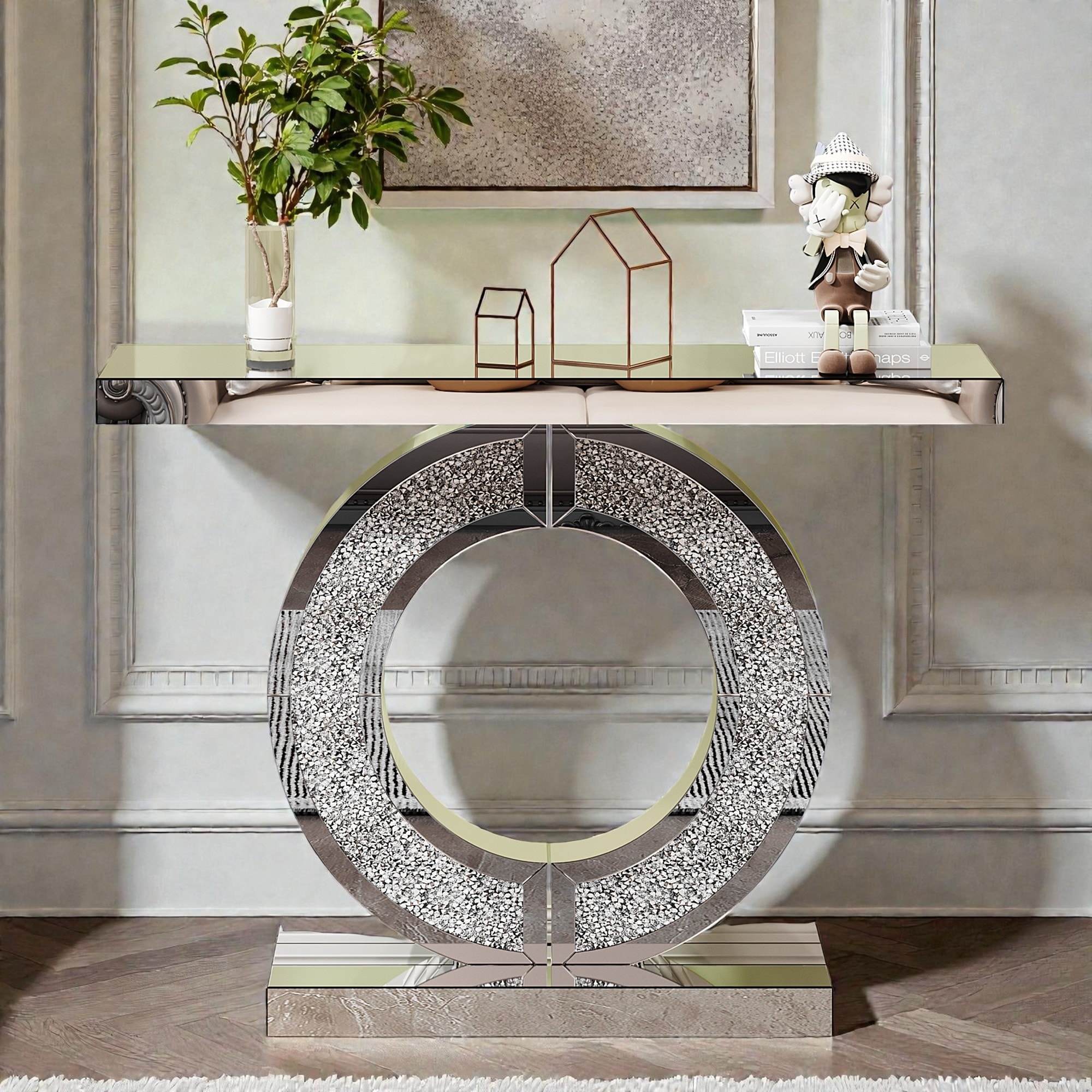 Modern O-Shape Mirror Console Table with Crystal Base, Glossy Mirrored Entry Hall Table for Living Room & Bedroom