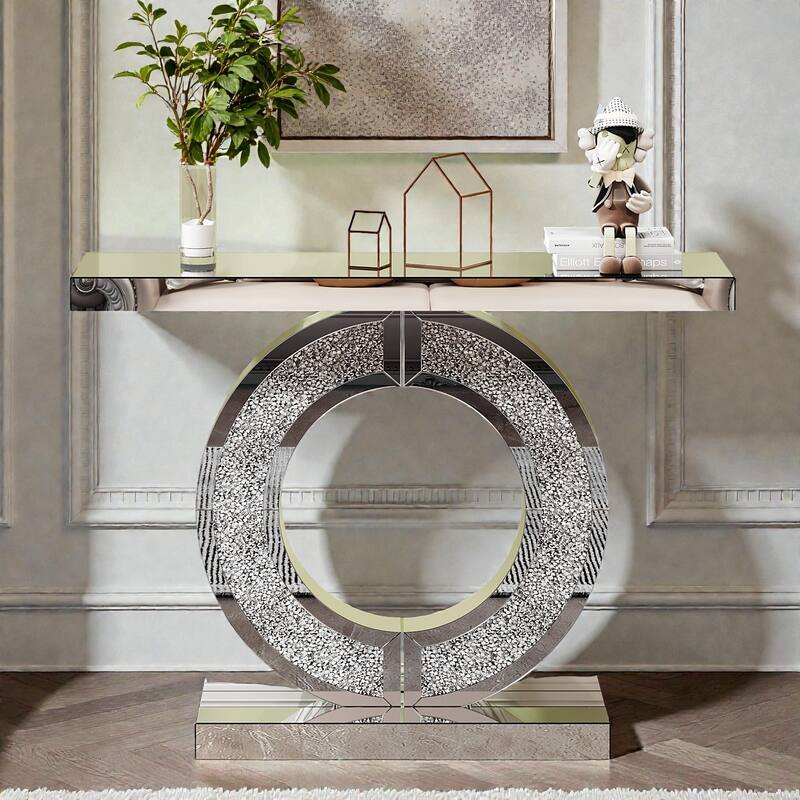 Modern O-Shape Mirror Console Table with Crystal Base, Glossy Mirrored Entry Hall Table for Living Room & Bedroom - Silver