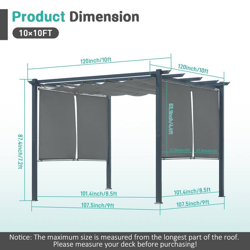 Aoodor 10 x 10 FT Outdoor Pergola with Retractable Shade Canopy, 4 Pieces Roller Shade Curtain