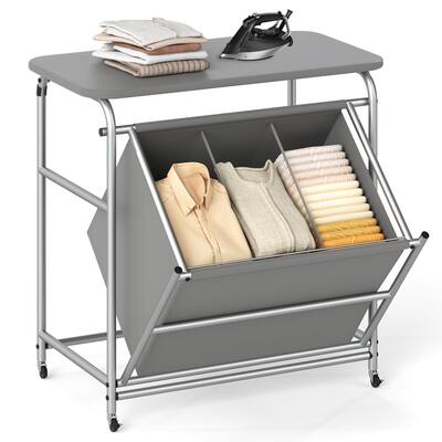 Grey 3 Section Rolling Laundry Hamper with Metal Frame and Ironing Board Lockable Wheels - 34" x 18.5" x 33"