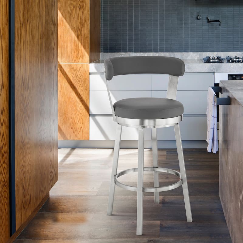 Bryant Counter or Bar Stool in Faux Leather and Metal - Gray and Brushed Stainless Steel - Counter Height