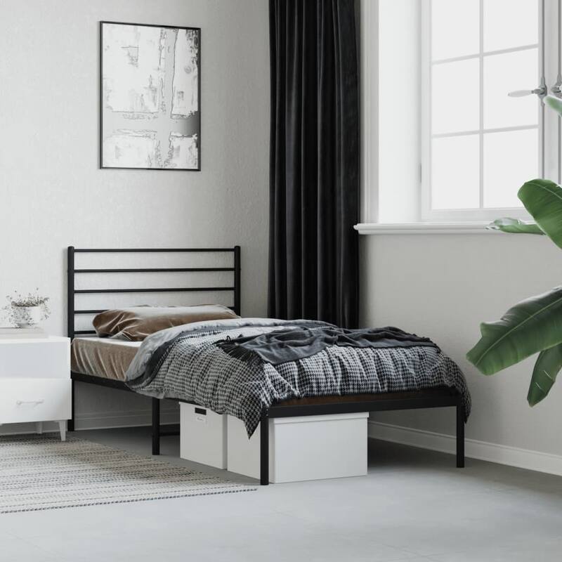 vidaXL Metal Bed Frame with Headboard, No Mattress - Black 3 - Twin