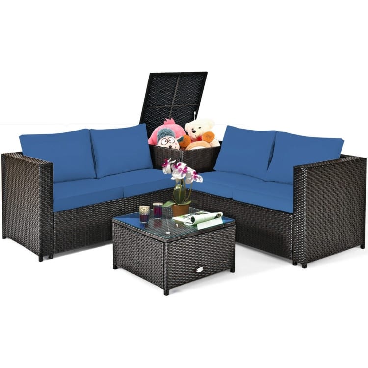 4 Pieces Outdoor Patio Rattan Furniture Set with Cushioned Loveseat and Storage Box - 47.5" x 26" x 26" (L x W x H)