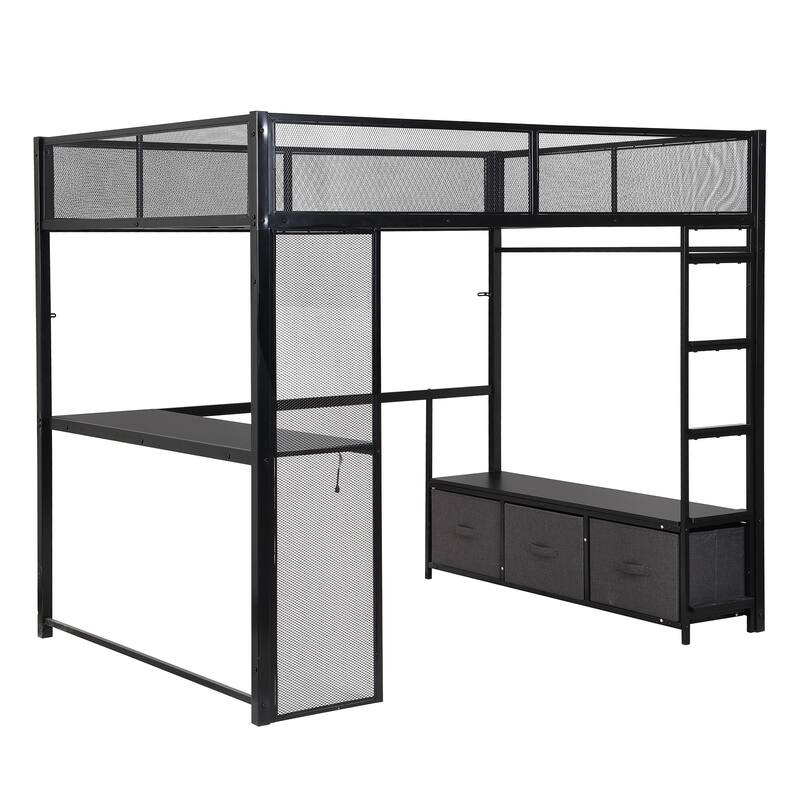 Full Gaming Loft Bed with LED, Desk, Open Wardrobe and 3 Linen Drawers
