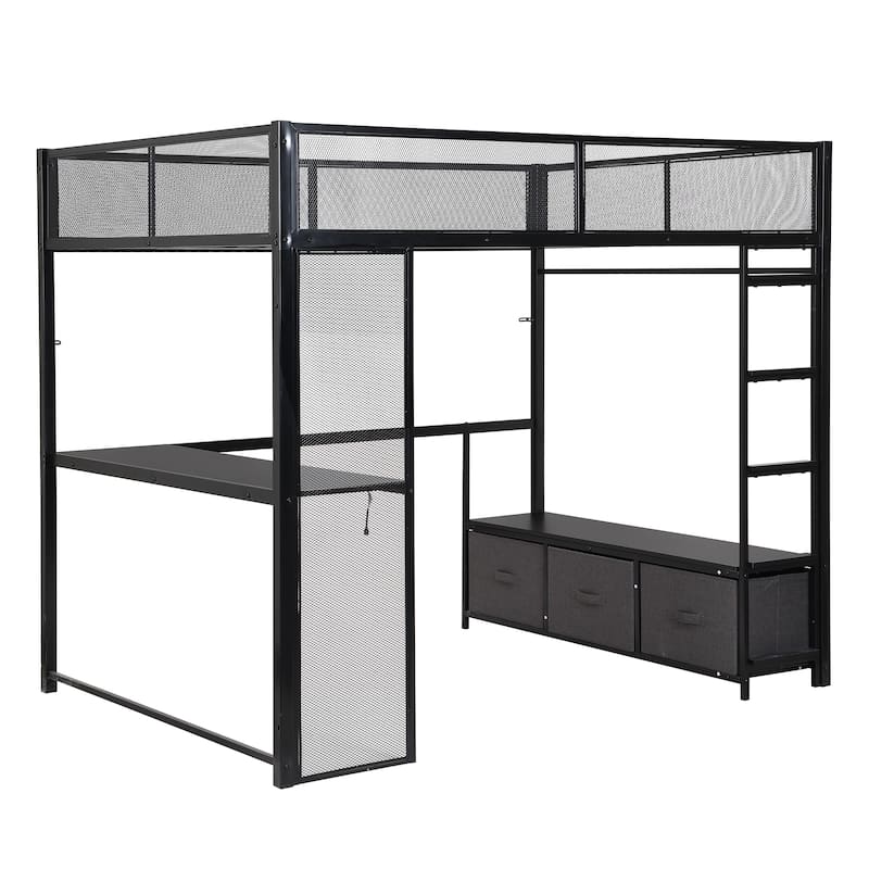 Full Size Metal Gaming Loft Bed with 16-Color LED, Study Desk & 3 Storage Drawers (400lb Capacity)