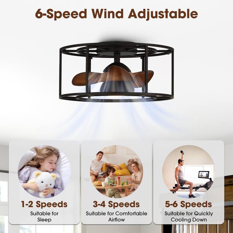 20" Black Flush Mount Low Profile Fandelier Ceiling Fan with Light and Remote - 20 in. D x 20 in. W x 9.6 in. H