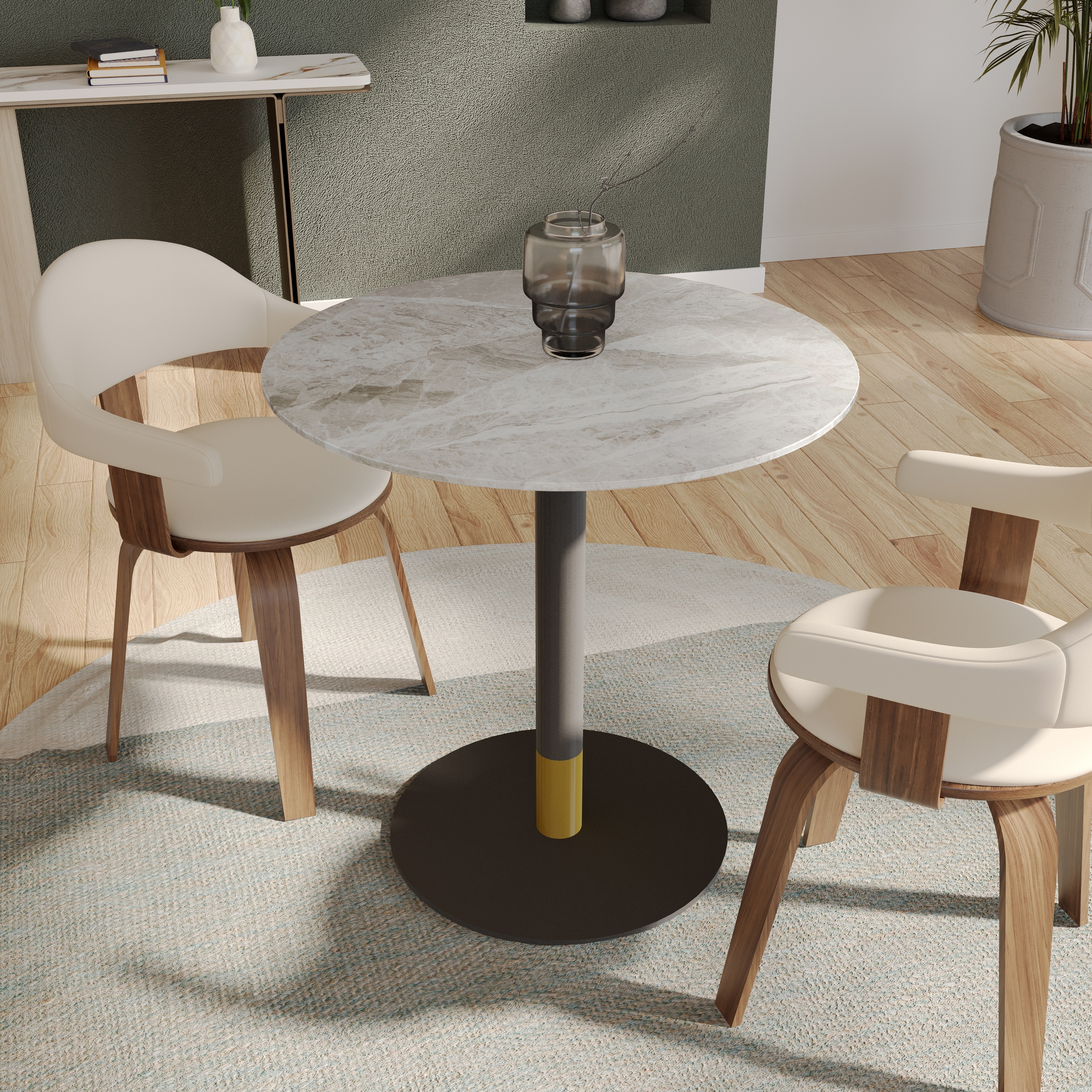 Vail Round 36" Sintered Stone Dining Table with Black Stainless Steel Pedestal Base and Gold Accents for Kitchen or Dining Room
