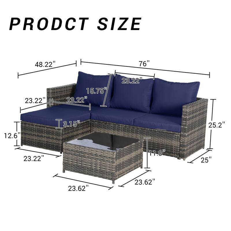 2-Pieces Outdoor Patio L-Shaped Sectional Sofa Set with Glass Coffee Table