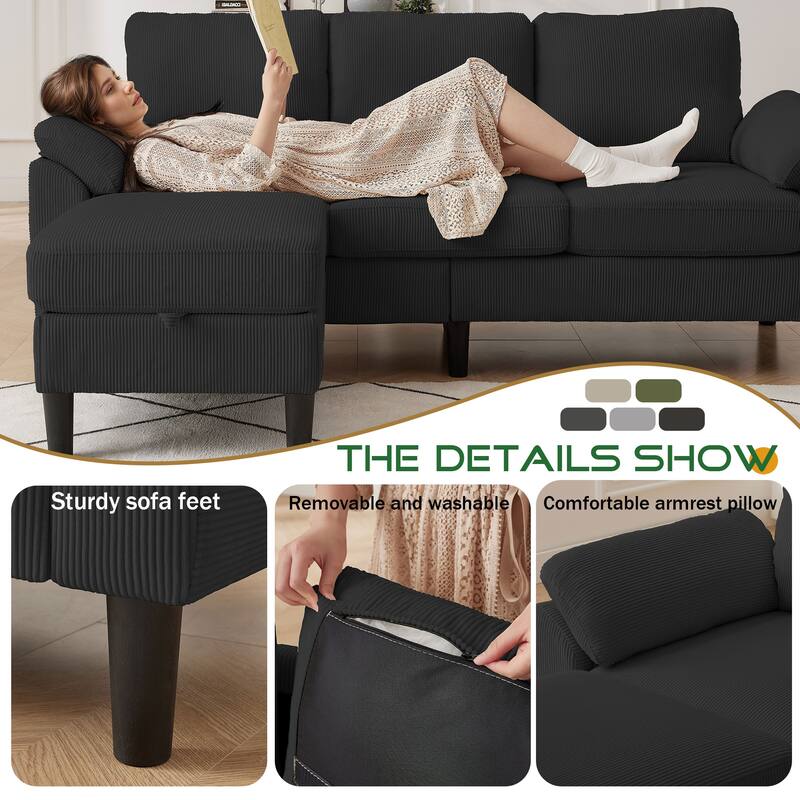 3 Pieces Corduroy Living Room Set with Sectional Sofa, Ottoman and Chair