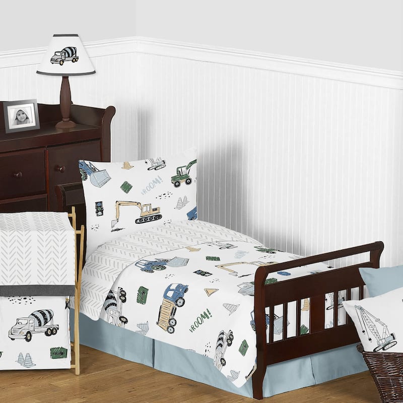 Construction Truck Collection Boy 5pc Toddler-size Comforter Set - Grey Yellow Black Blue and Green Transportation Chevron Arrow