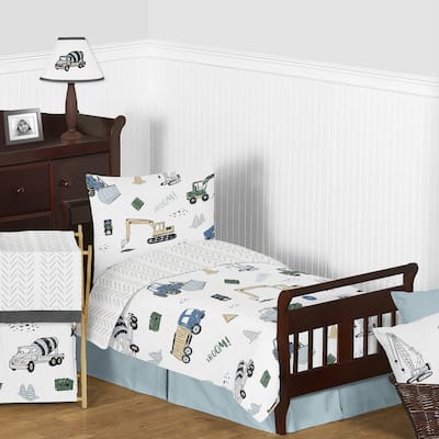 Construction Truck Collection Boy 5pc Toddler-size Comforter Set - Grey Yellow Black Blue and Green Transportation Chevron Arrow