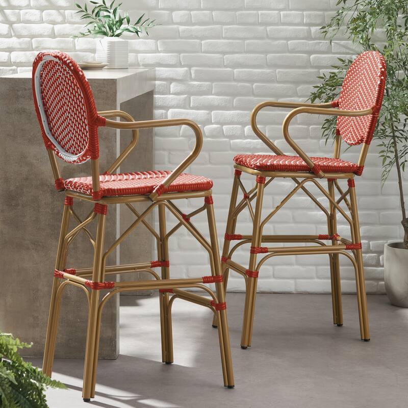 Wicker Barstool Set Set of 2 with Round Backrest High Chair, Cafe Bar Stool, Outdoor Lounge Entertainment Chair, Island Chair
