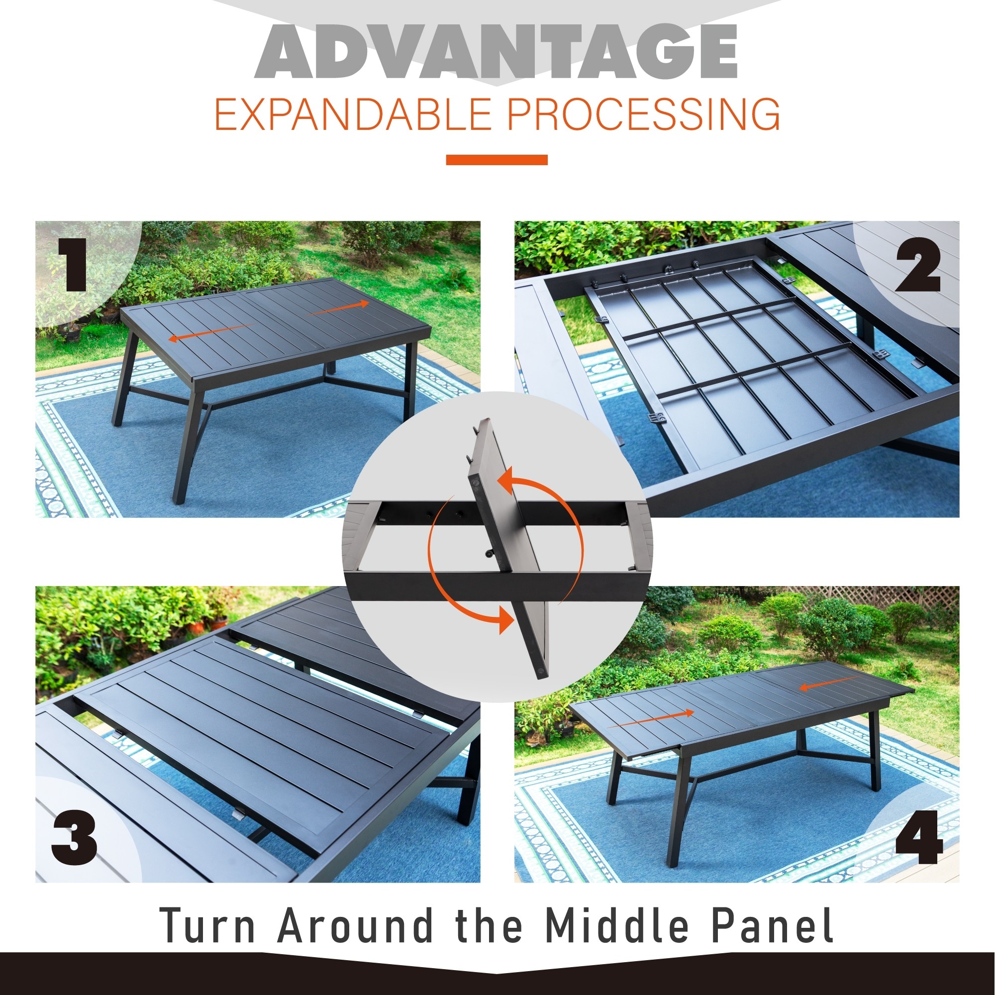 PHI VILLA Expandable Outdoor Dining Table Adjustable Metal Patio Garden Table for 6 8 Person Black