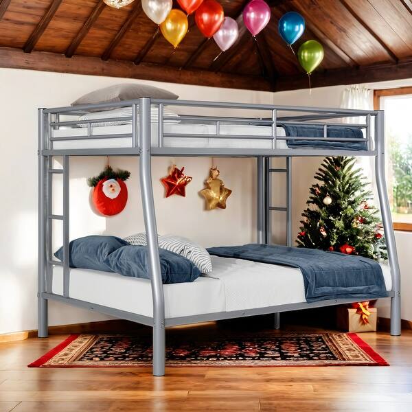 slide 2 of 11, Kid Bed Frame Full XL over Queen Metal Bunk Bed with Ladder and Safety Guardrails Silver