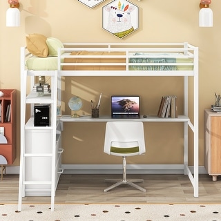 Twin Size Loft Kids Bed Frame with Desk, Shelves & Two Built-in Drawers, White