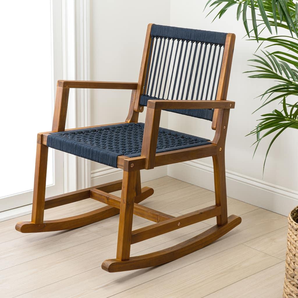 JONATHAN Y Laguna Coastal Casual 352-LBS Support Acacia Wood and Woven Rope Outdoor Rocking Chair