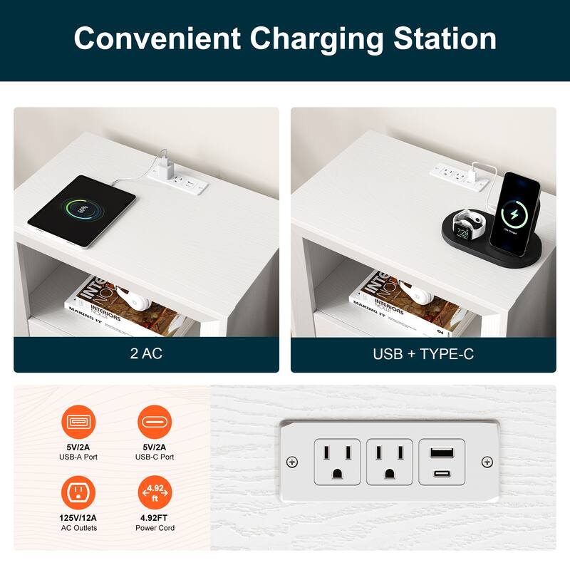 Modern Nightstand with Charging Station， Set of 2