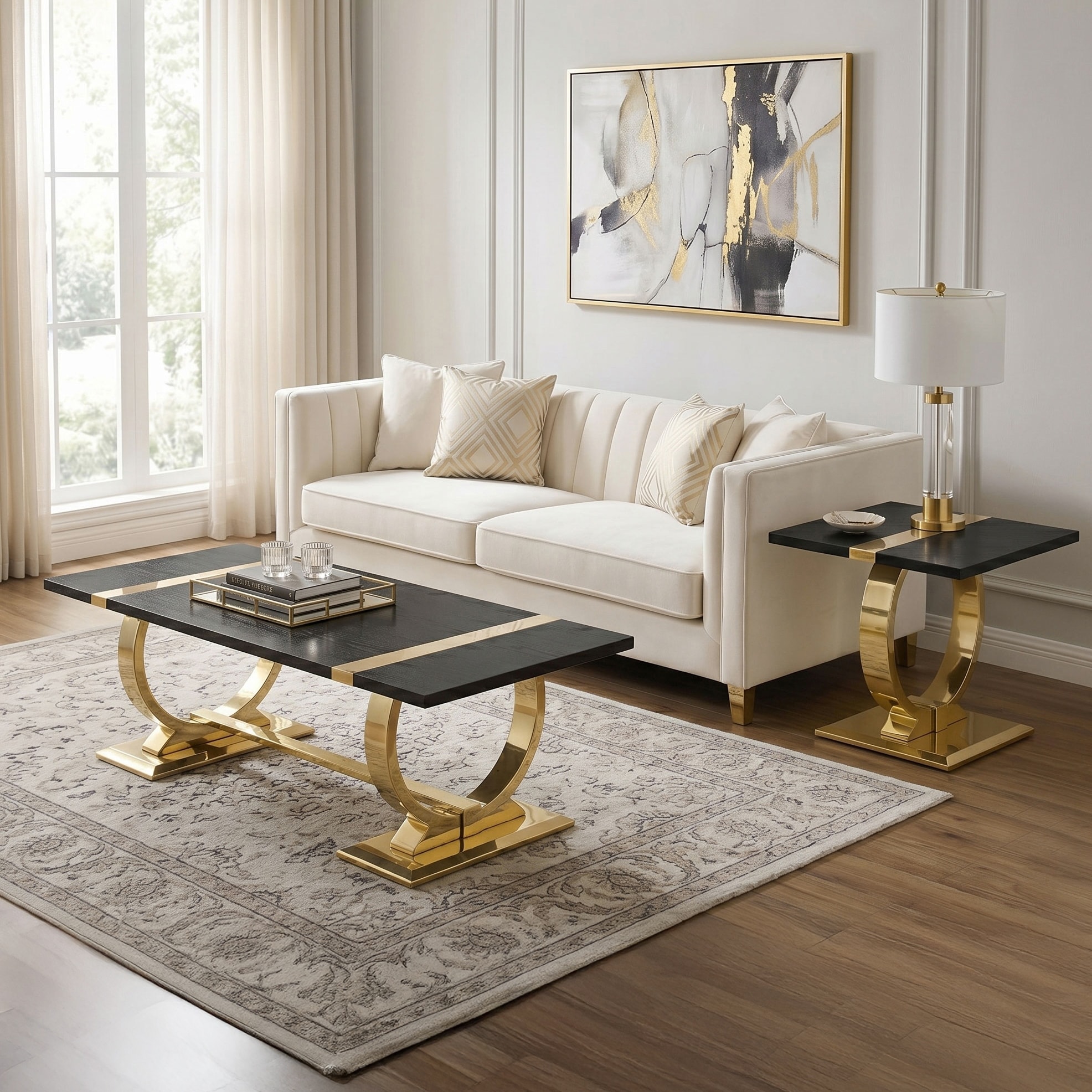Furniture of America Carra Modern 2-Piece Stainless Steel O-Shaped Trestle Base Coffee Table Set