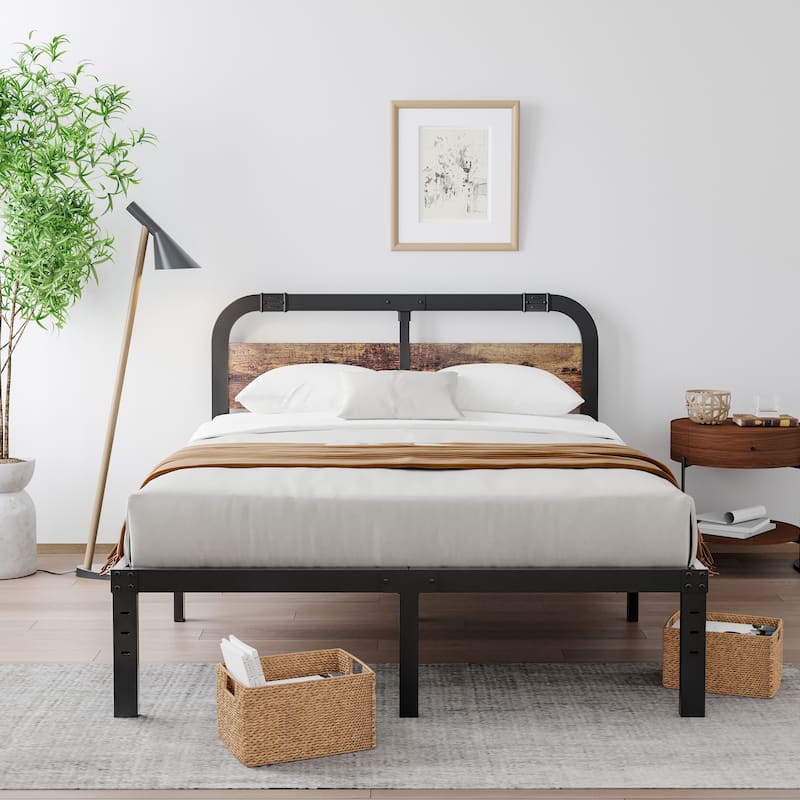 Heavy Duty Anti-Sway 40 Inch Iron Bed With Solid Wood Headboard - Queen
