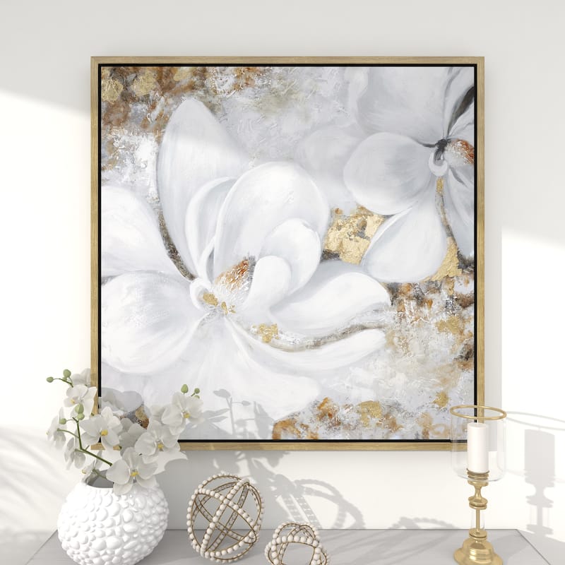 White Canvas Handmade Floral Framed Wall Art with Gold Frame