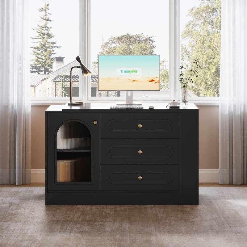 Modern 360° Rotatable Computer Desk, Executive Desk with 3 Drawers