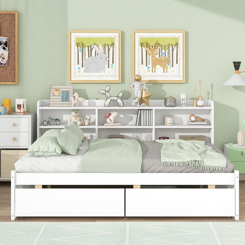 Full Bed with Side Bookcase, Drawers