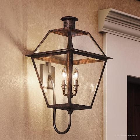 Luxury Historic Outdoor Wall Light, 29"H x 13.5"W, with Tudor Style, Antique Gas Lantern Design, Rustic Copper Finish