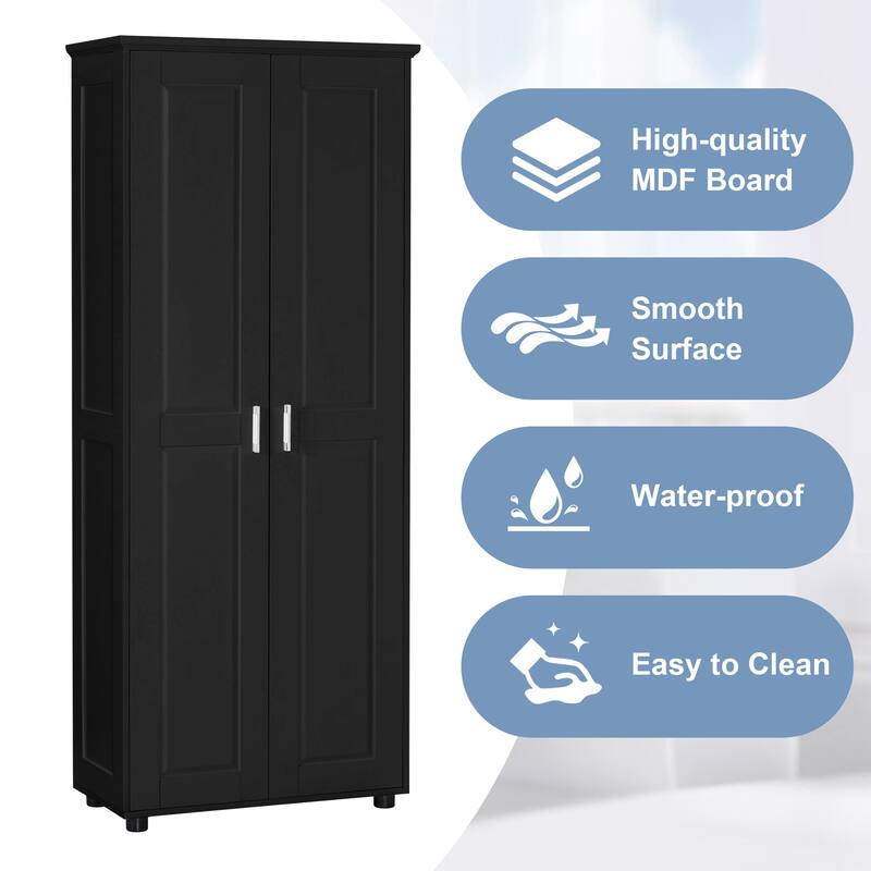 Roomfitters Tall 2-Door Storage Cabinet with 5-Tier Adjustable Shelves, Modern MDF Linen Tower for Bathroom & Office, Black