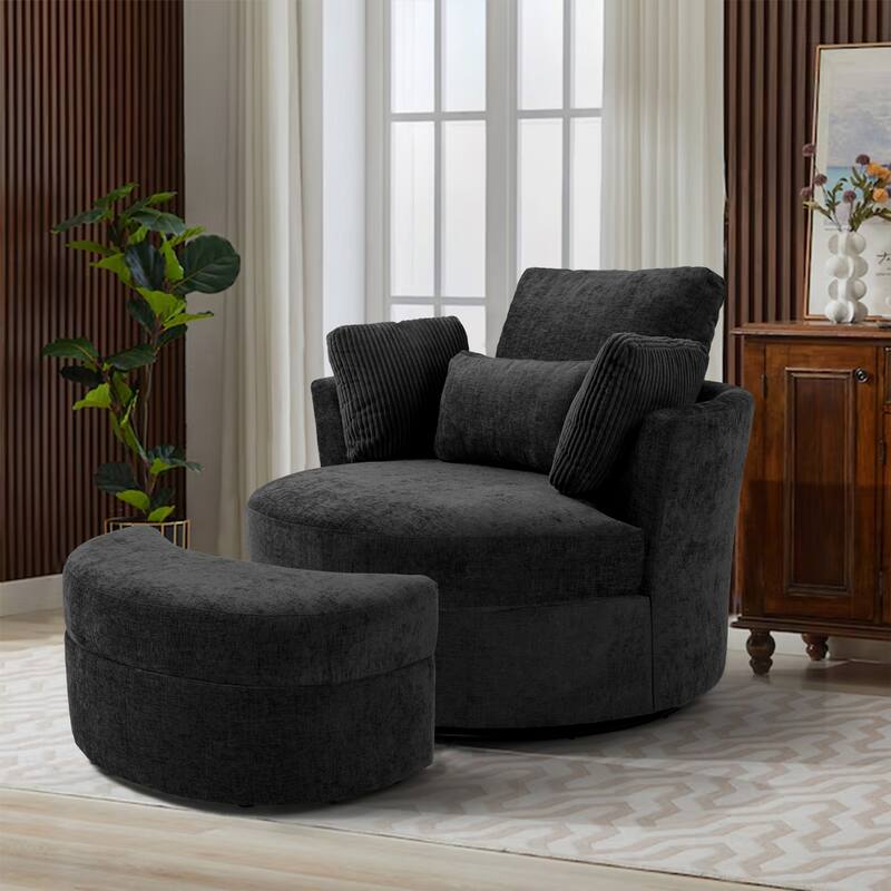 41" W Oversized Accent Barrel Swivel Chair with Moon Storage Ottoman