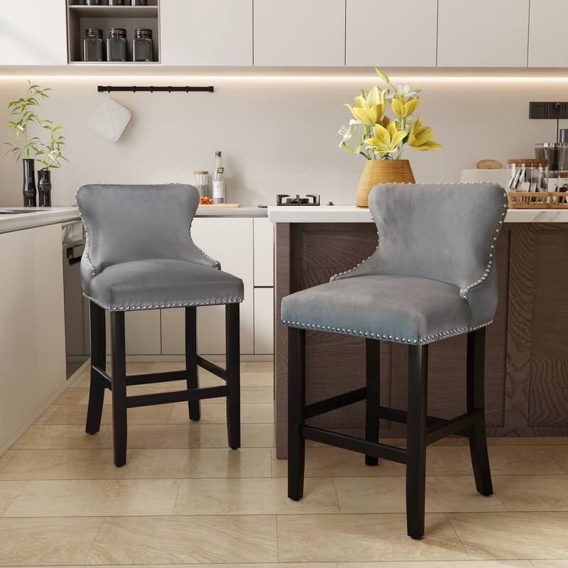 Button Tufted Velvet Wingback Barstools Set of 2