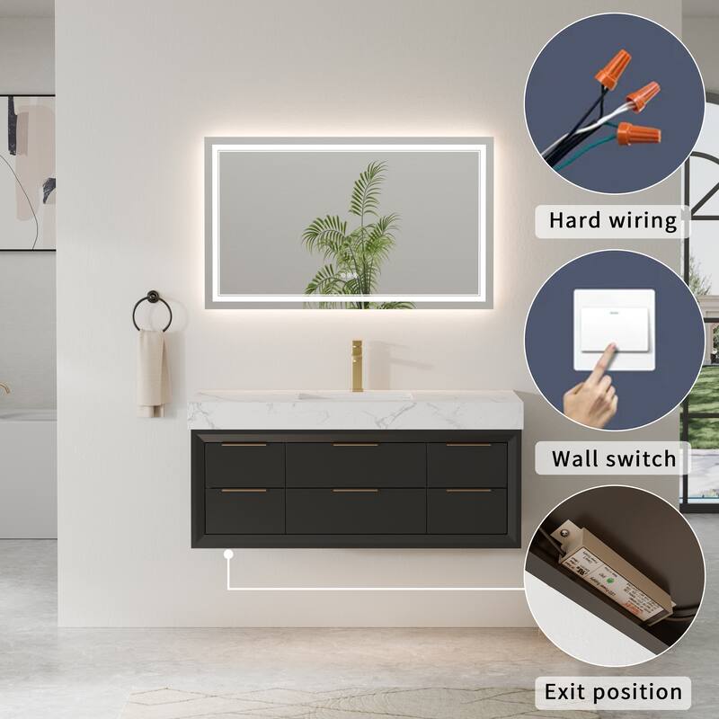 Modland 36/48/60 Inch Black Floating Bathroom Vanity with ETL LED Lights & Soft-Close Drawers, Waterproof Rubberwood