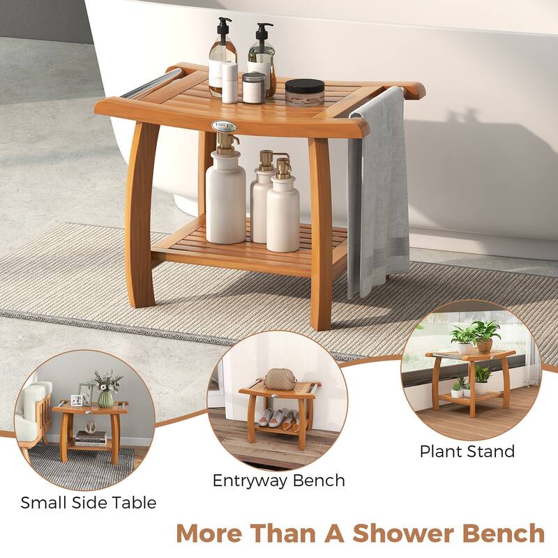 Gymax Teak Wood Shower Bench 2-Tier Wooden Shower Stool w/ Curved Seat