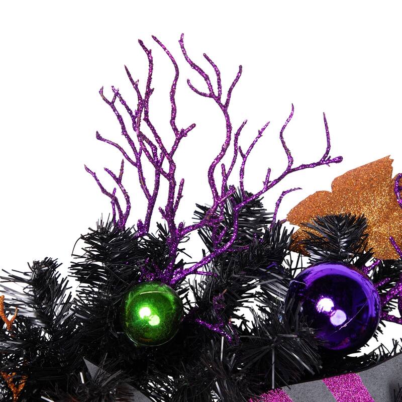 Jack-O-Lantern in Witches Hat Halloween Pine Wreath, 24-Inch, Unlit