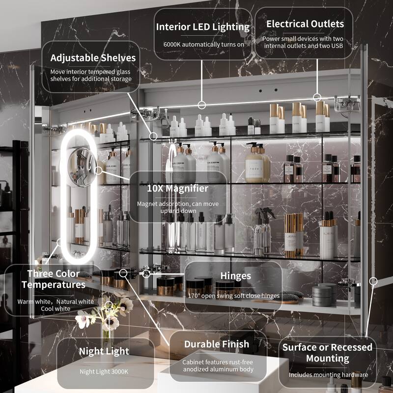 36'' H Recessed or Surface Mounted Bathroom LED Mirror Cabinet With Defogger, Dimmer, 10x magnifying